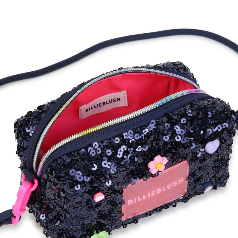 Billieblush sequin bag with bright pink inner lining.