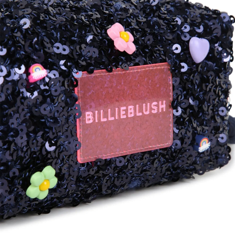 Billieblush navy bag with pink gel logo patch.