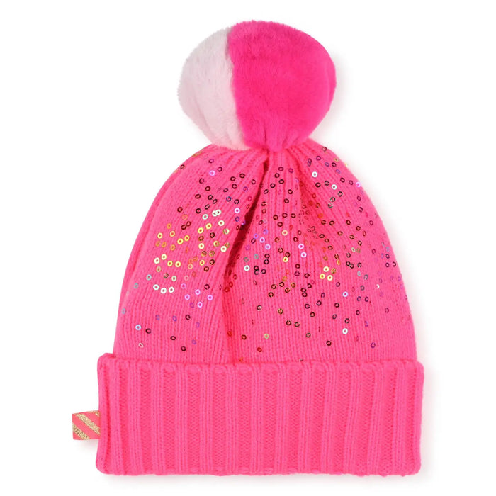Back of the Billieblush pink sequin bobble hat.