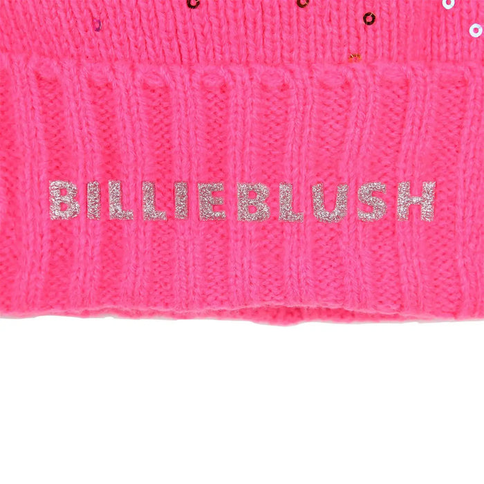 Pink Billieblush hat with silver glitter logo.