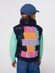 Billieblush sequin gilet with bouclé slogan on the back.