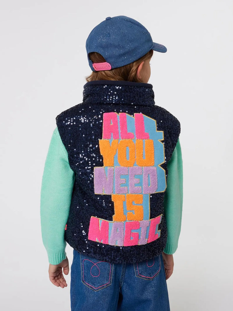 Billieblush sequin gilet with bouclé slogan on the back.