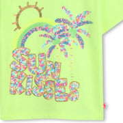 Closer look at the Billieblush sequin t-shirt showing detail of the sequin palm tree design.