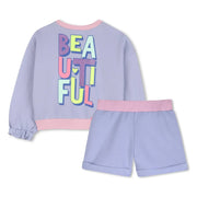 Rear view of the Billieblush lilac shorts set.