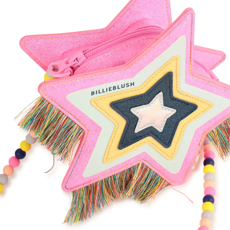 Closer look at the Billieblush star bag showing detail of the pink glitter finish