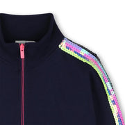 Billieblush navy zip up sweatshirt with bright pink zipper.