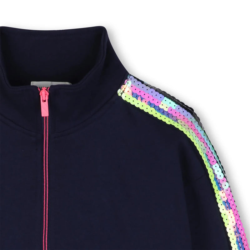 Billieblush navy zip up sweatshirt with bright pink zipper.