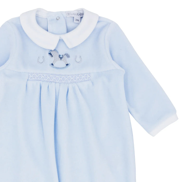 Closer look at the Blues Baby rocking horse babygrow.