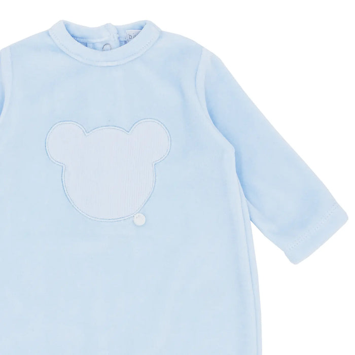 Closer view of the Blues Baby teddy bear babygrow.