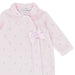 Blues Baby velour babygrow with pink ribbon bow on the chest.