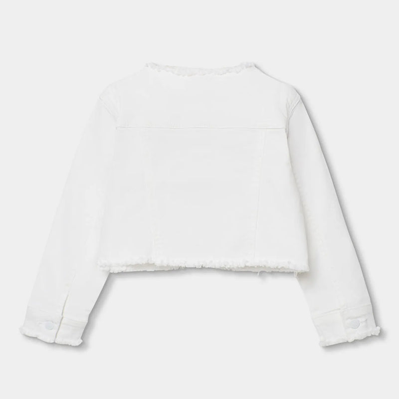 Rear view of the Boboli white denim jacket.