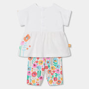 Rear view of the Boboli white floral print leggings set.