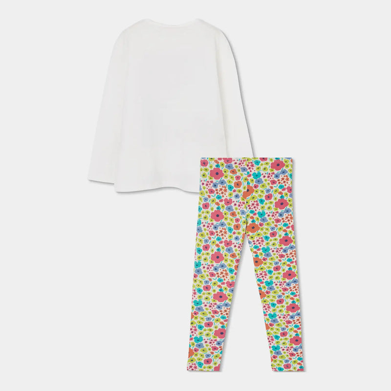 Rear view of the Boboli white floral print leggings set.