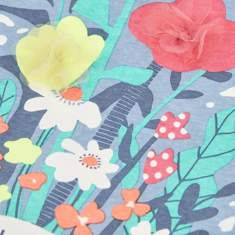 Closer look at the Bobol t-shirt showing detail of the colourful flower print.