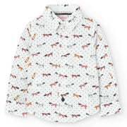 White shirt with all over fox pattern.