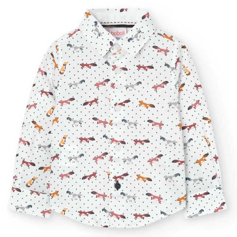 White shirt with all over fox pattern.