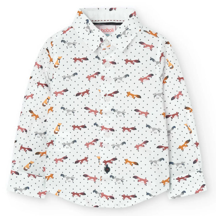 White shirt with all over fox pattern. 