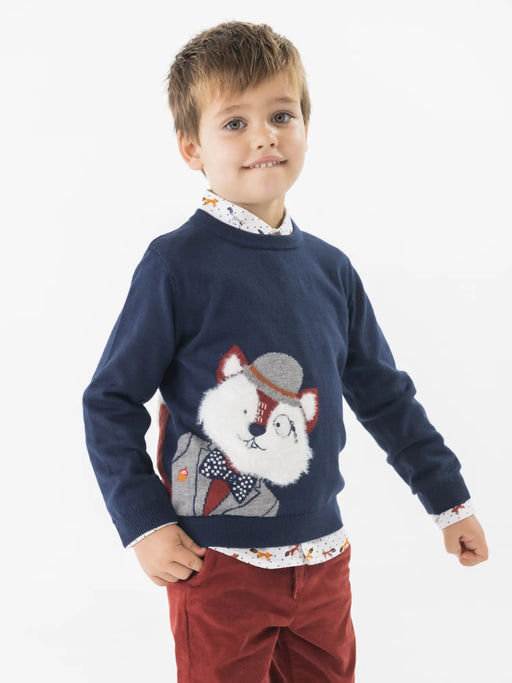 Boy wearing the Boboli friendly fox jumper & shirt.