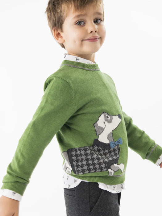 Boy modelling the Boboli puppy jumper.