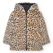 Faux fur leopard print side of the reversible parka.