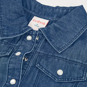 Closer look at the Boboli sleeveless dress showing detail of the dark blue denim bodice.