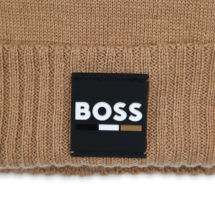 Closer view of the BOSS beanie hat.