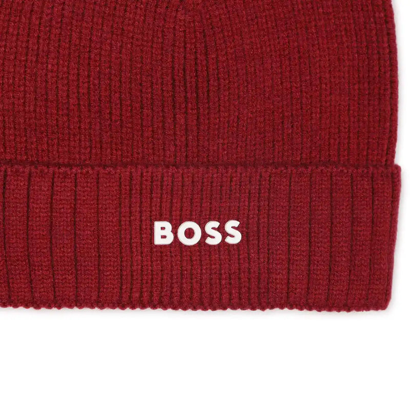 Closer look at the BOSS beanie hat.