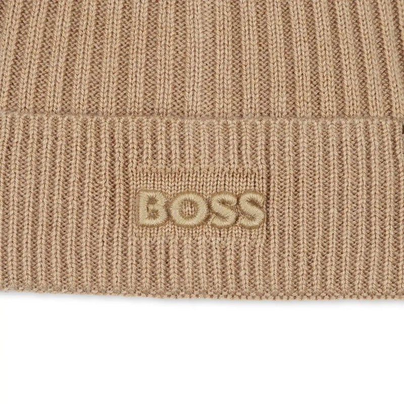 Closer look at the BOSS beanie hat.