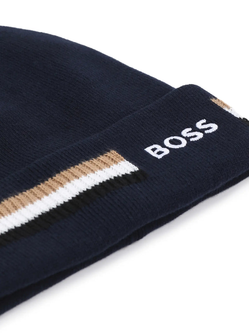 Closer look at the BOSS beanie hat.