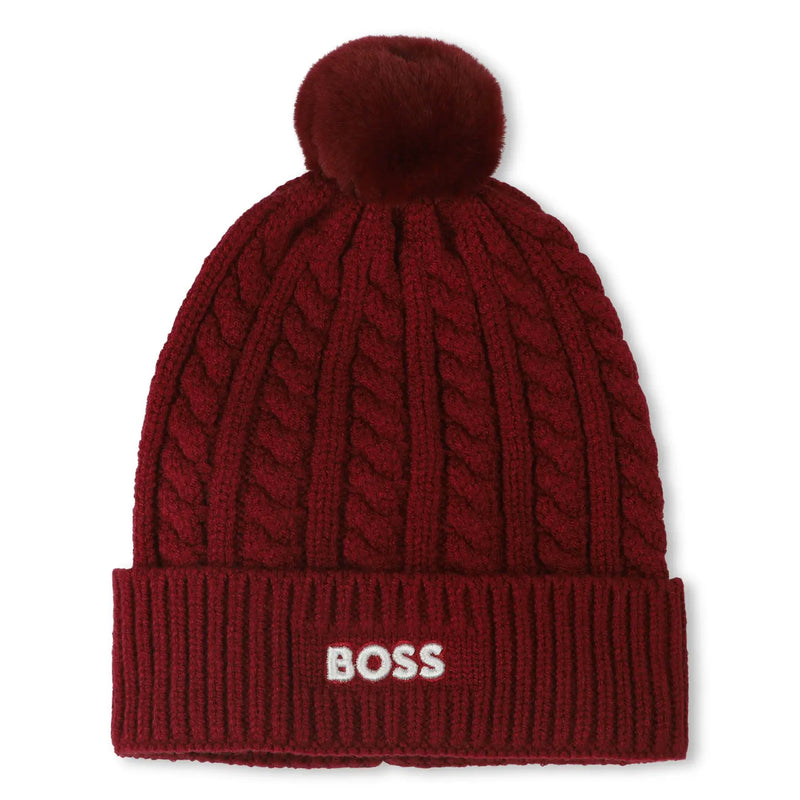 BOSS boy's dark red bobble hat - j52656.