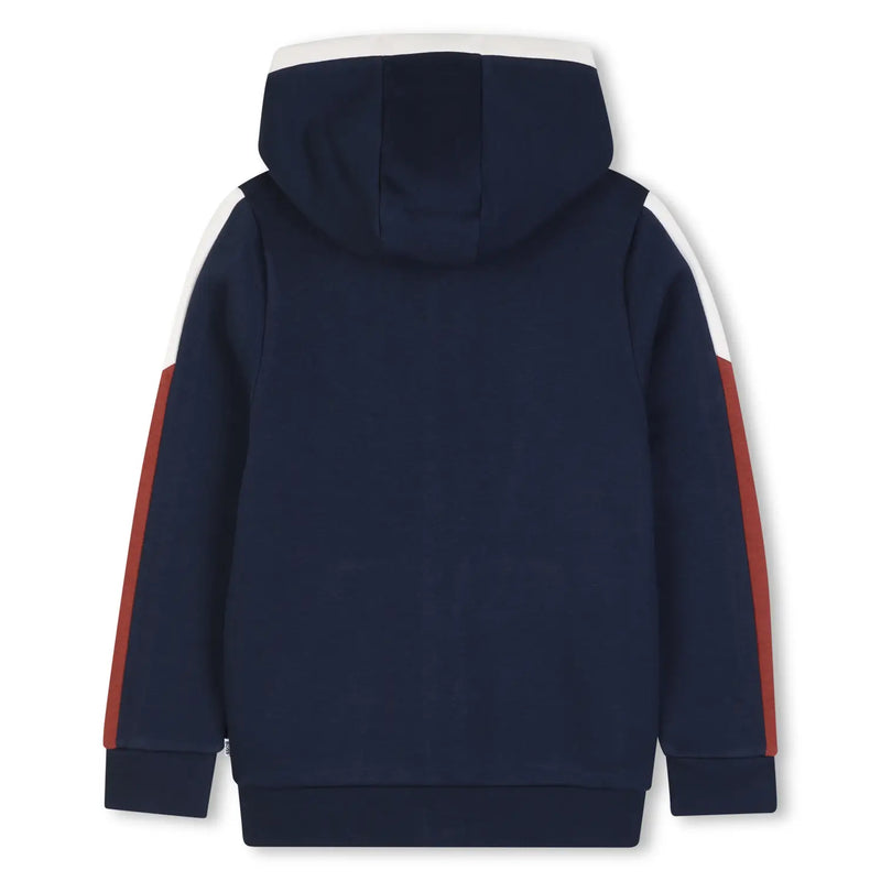 Back of the BOSS navy zip up hoodie.