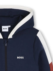 Closer view of the BOSS zip up hoodie.
