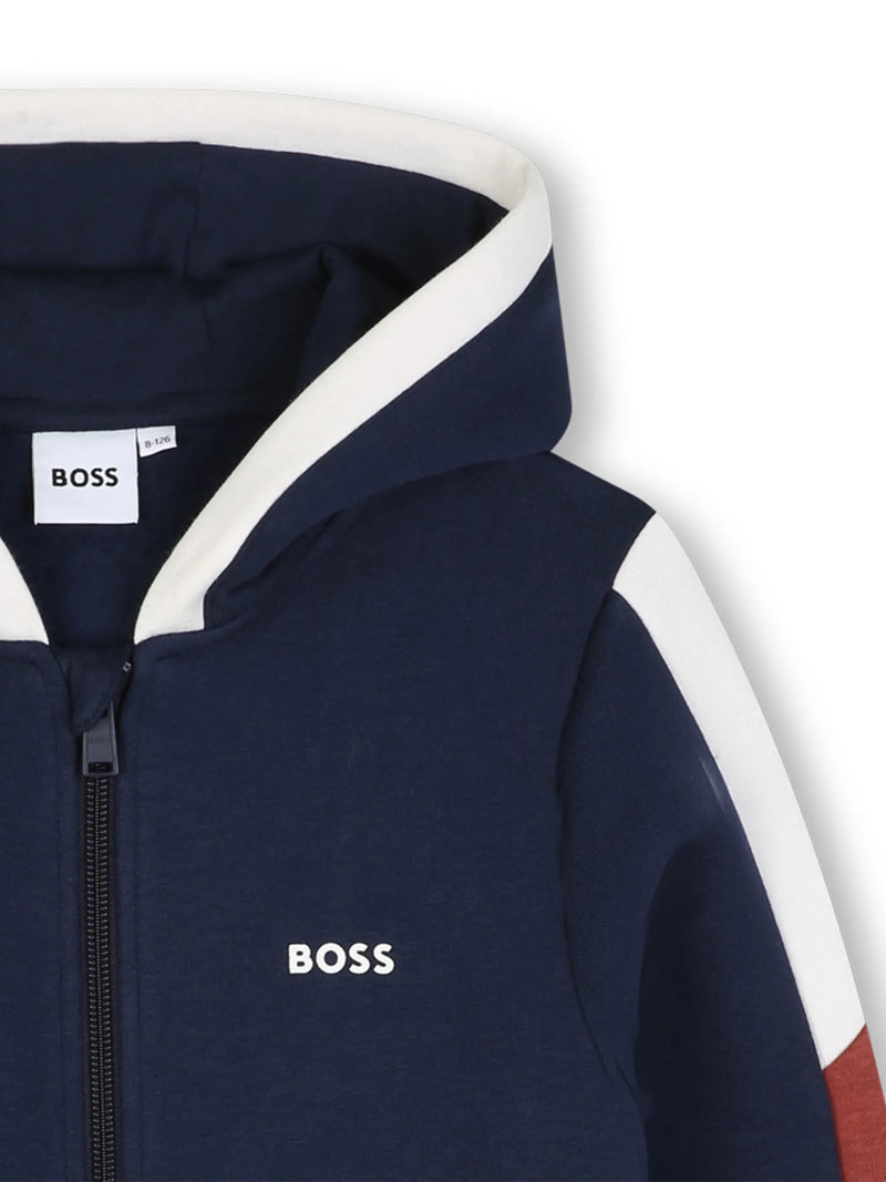 Closer view of the BOSS zip up hoodie.
