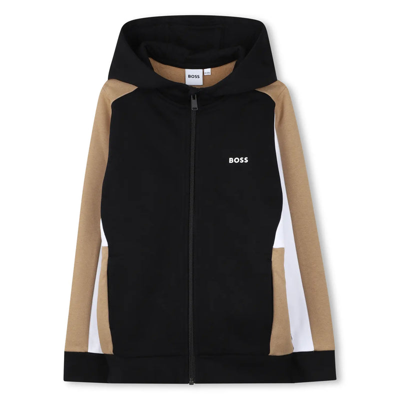 Boy's black colourblock zip up hoodie.