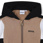 Closer look at the BOSS colourblock hoodie.