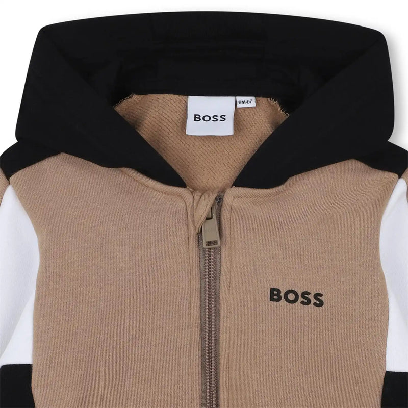 Closer look at the BOSS colourblock hoodie.