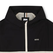 Closer view of the BOSS colourblock jacket.