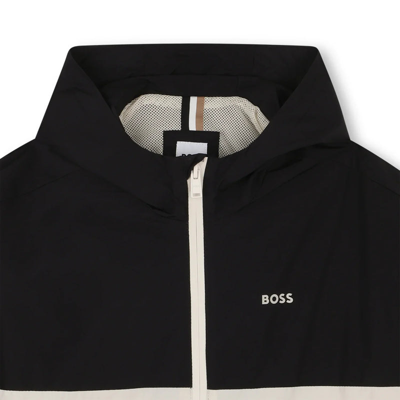 Closer view of the BOSS colourblock jacket.