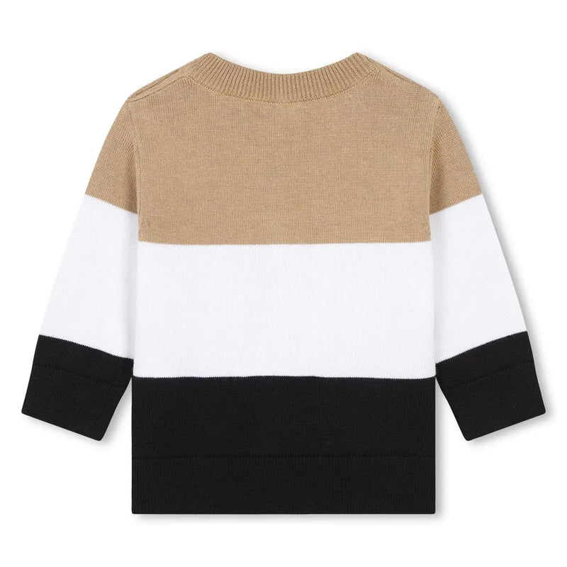 Back view of the BOSS colourblock jumper.