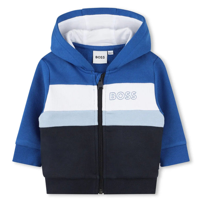 BOSS boy's navy and blue colourblock hoodie.