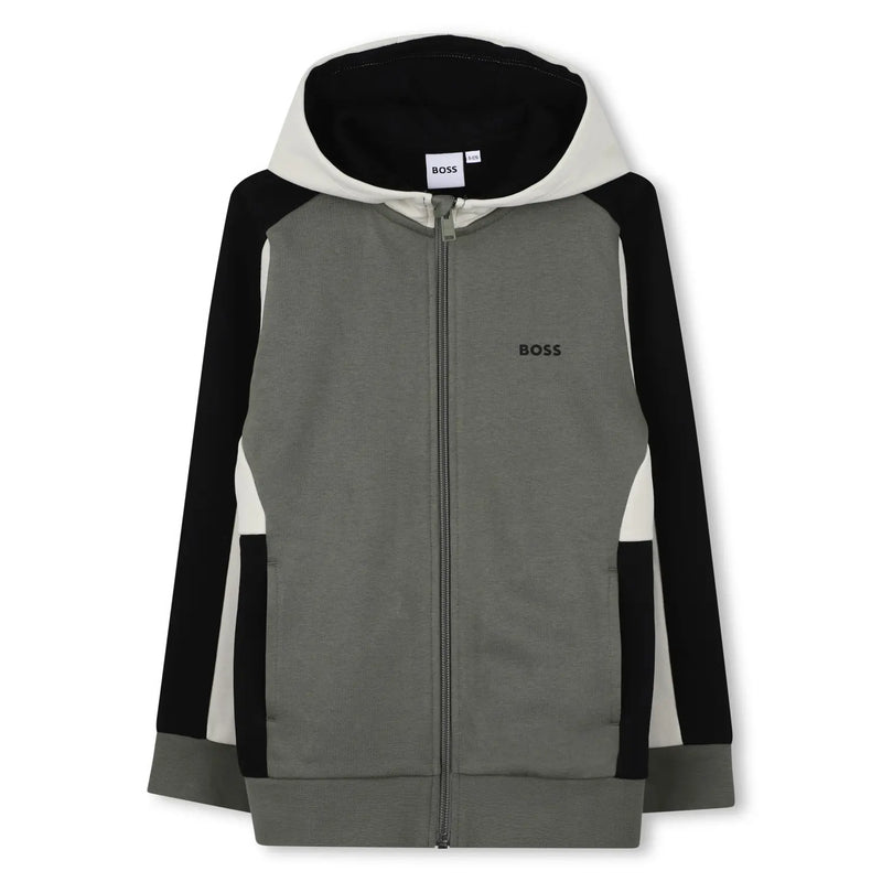 Boy's green colourblock zip up hoodie.