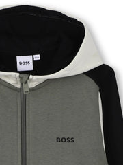 Closer view of the colourblock hoodie.