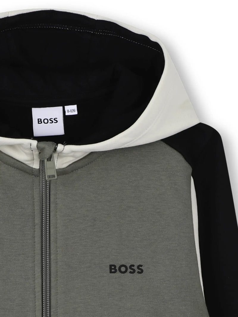 Closer view of the colourblock hoodie.