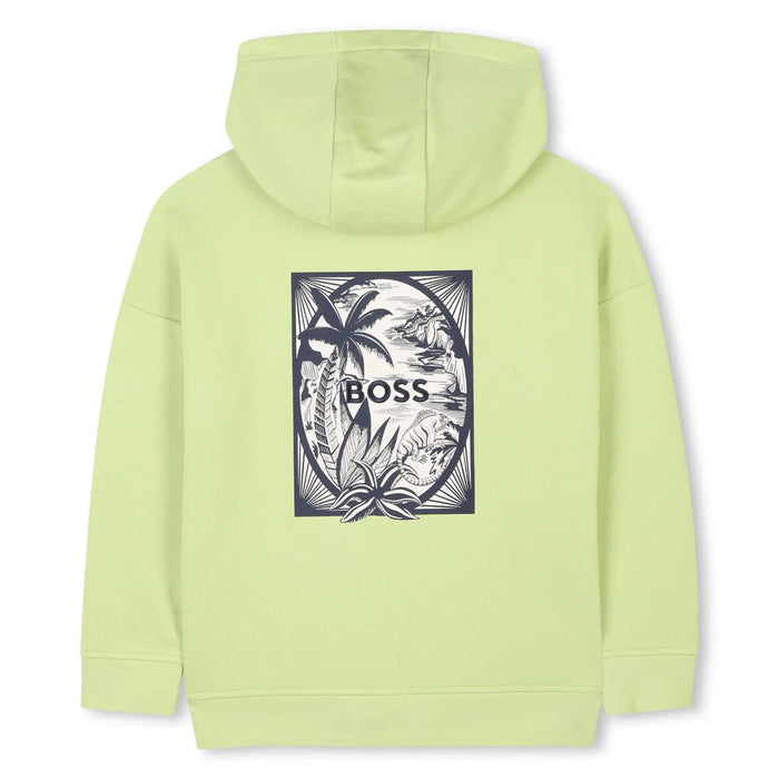 BOSS hoodie with jungle island print on the back.