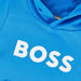 Closer look at the BOSS blue logo hoodie.