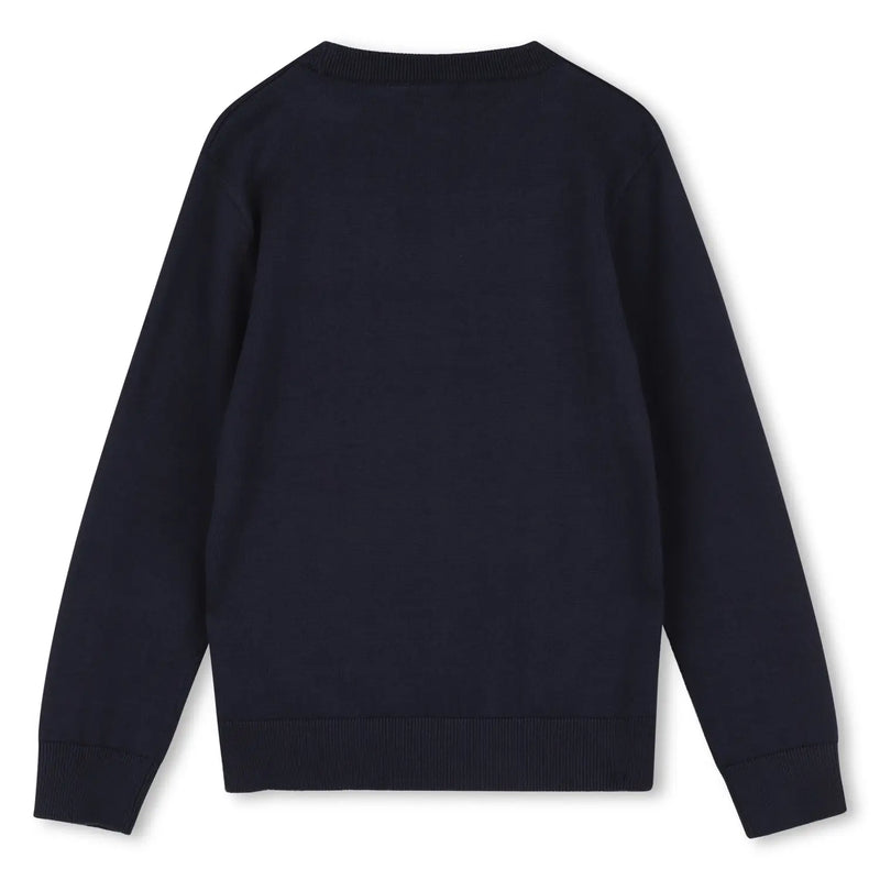 Back of the BOSS navy logo sweater.