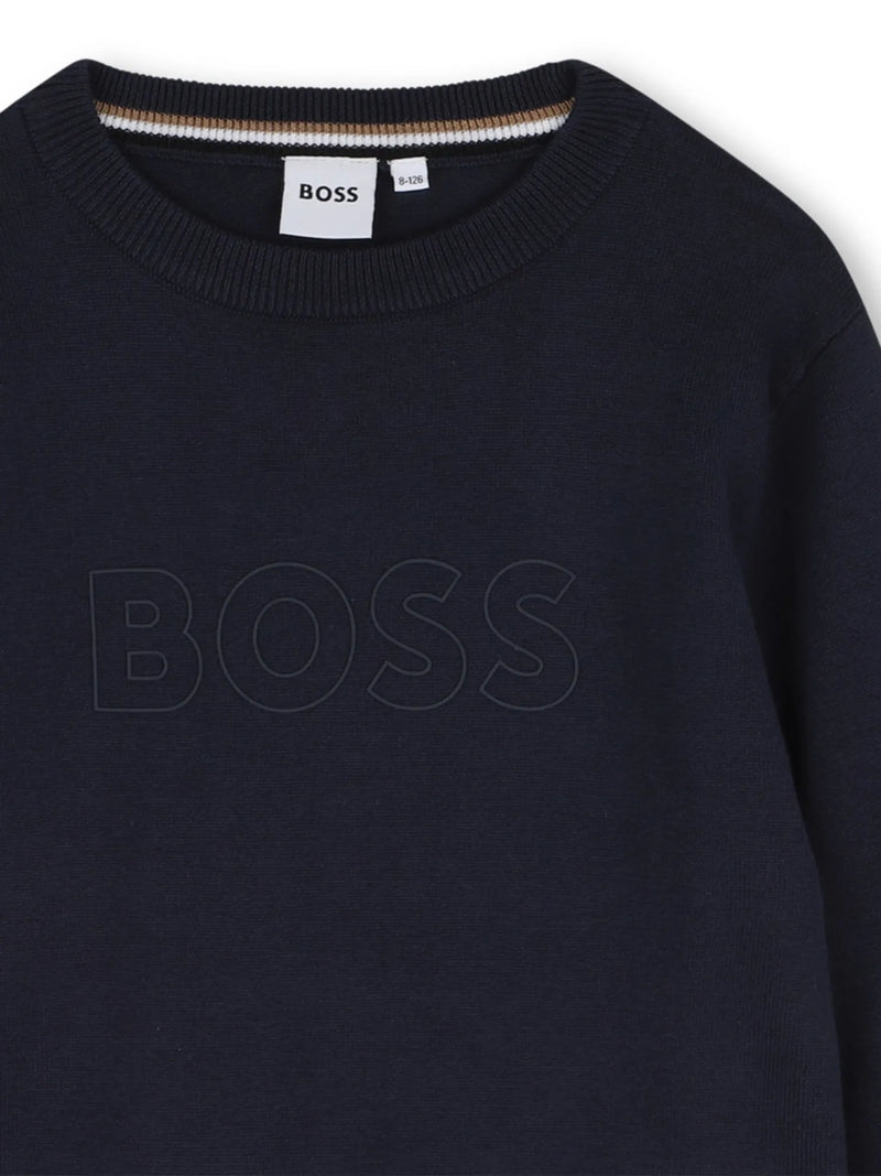 Closer look at the BOSS logo sweater showing detail of the outline logo.