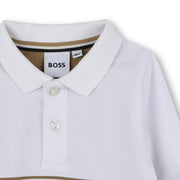Closer look at the BOSS long sleeve colourblock polo shirt.