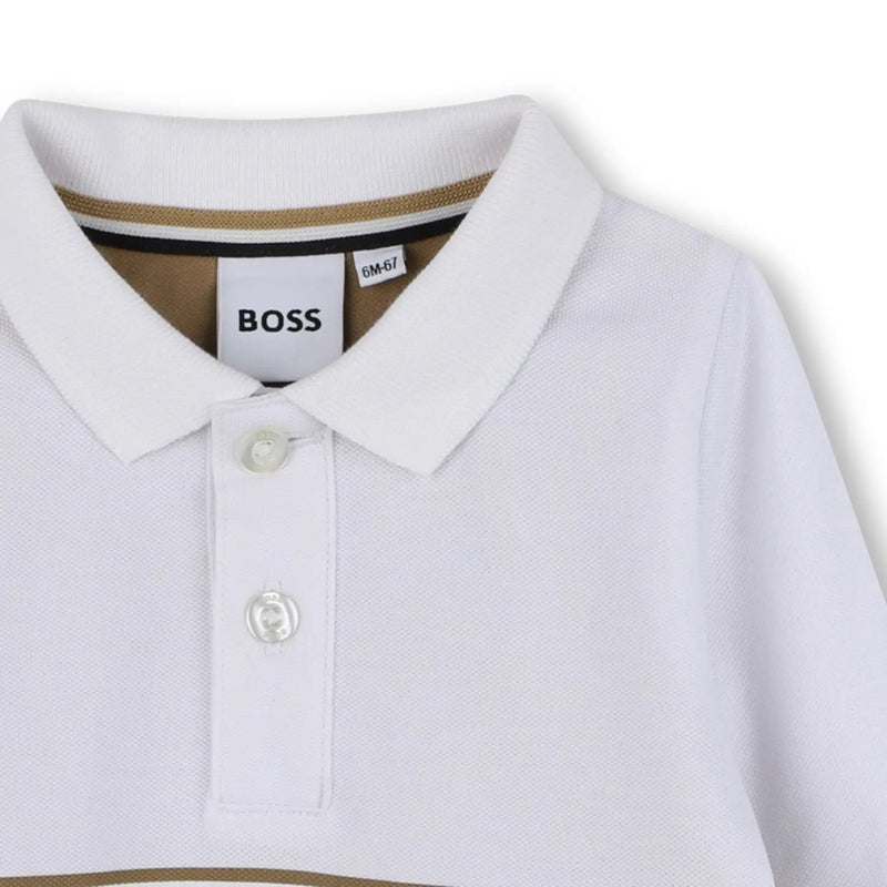 Closer look at the BOSS long sleeve colourblock polo shirt.