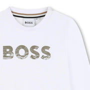 Closer view of the BOSS long sleeve logo t-shirt.